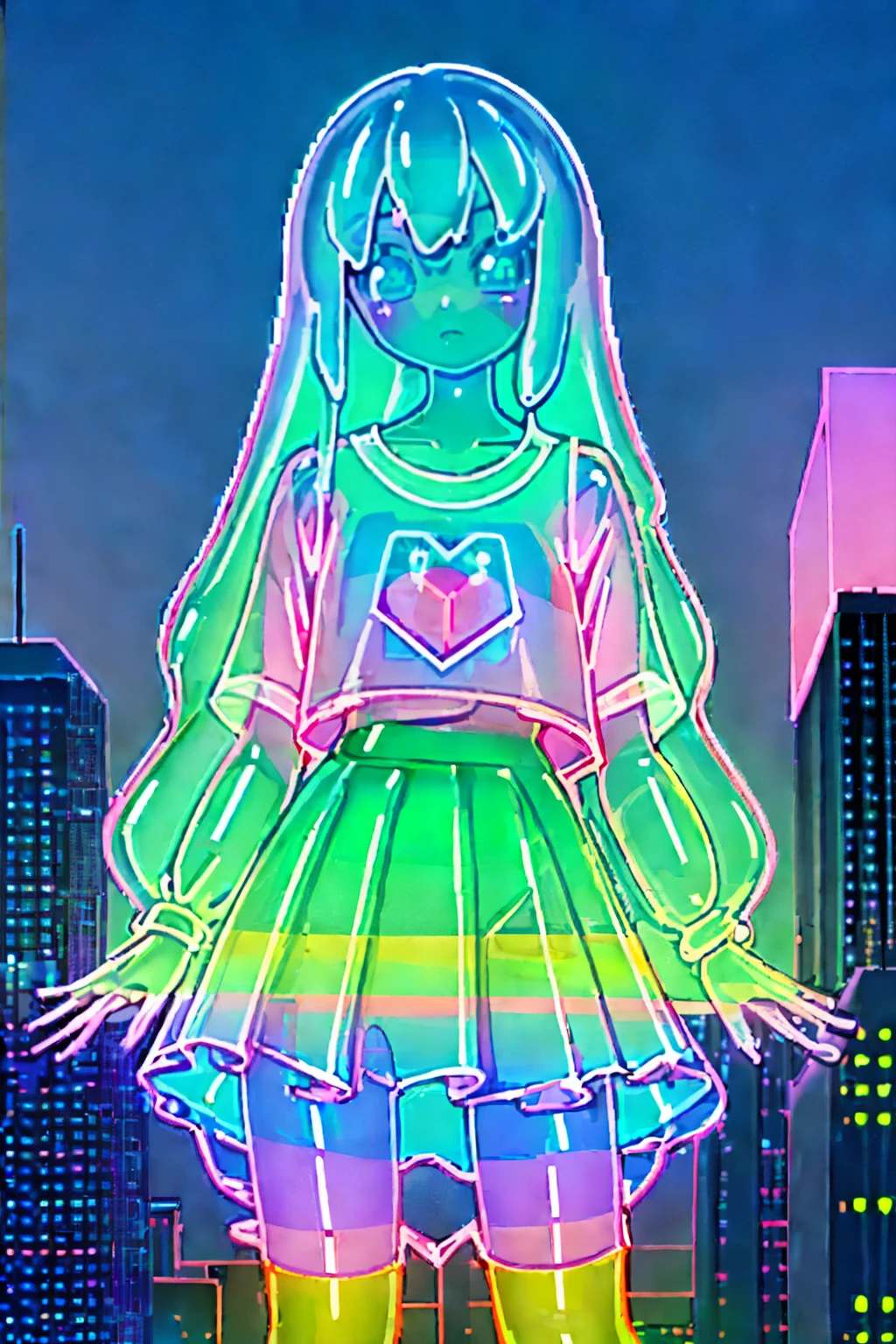 A holographic kawaii neon-colored town with a cute invisible person wearing a mini skirt and T-shirt, holographic anime style pastel colors, see-through, transparent ((Masterpiece High Image Quality)) background metallic office district invisible man digital art fantasy digital art invisible man in metallic cityscape
