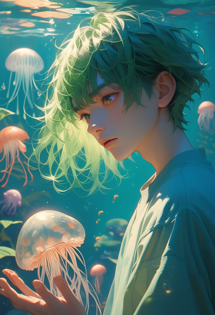 Looking at a jellyfish tank at an aquarium、Shortcuts, Bangs, Green Hair, From a jellyfish's perspective、Sparkle Effect, Chiaroscuro,