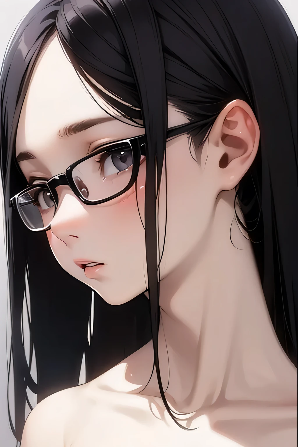 Erotic、Bedroom、Completely naked、slender、Smooth, very beautiful, white skin　A girl about 10 years old、Glasses、Black Hair、Sweat、Expressionless、Close-up of face　child　Small　Big eyes　Small breasts　Open your mouth　Teeth are visible　Mouth up