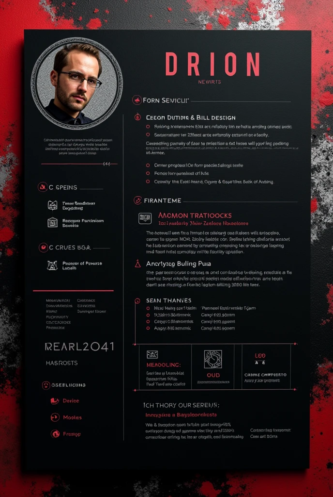 Give me the design of a professional CV, attractive and an original and creative touch with a dark touch