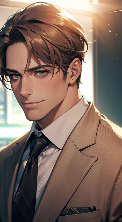 (Highest quality,4K,8K,High resolution,masterpiece:1.2),Super detailed,(Realistic,photoRealistic,photo-Realistic:1.37),1 person,34 years old,Mature Men,Beautiful skin、very handsome,Expressionless smile in love,Short gray brown hair,green eyes,Sharp Eyes,A perfect face without a doubt,Businessman, CEO, Office Background,Cinema Lighting,HDR image,tie、