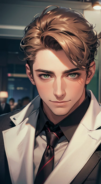 (Highest quality,4K,8K,High resolution,masterpiece:1.2),Super detailed,(Realistic,photoRealistic,photo-Realistic:1.37),1 person,34 years old,Mature Men,Beautiful skin、very handsome,Expressionless smile in love,Short gray brown hair,green eyes,Sharp Eyes,A perfect face without a doubt,Businessman, CEO, Office Background,Cinema Lighting,HDR image,tie、
