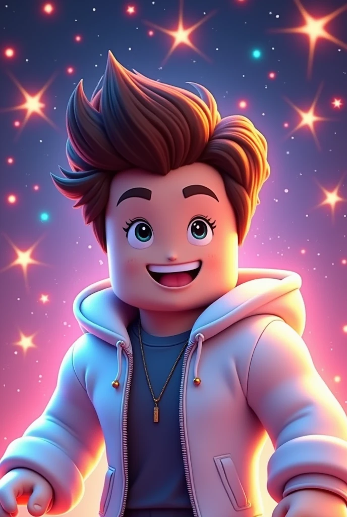 Create a logo for YouTube gfx, of a Roblox boy with a smiling white jacket and brown hair with a sparkly background behind him