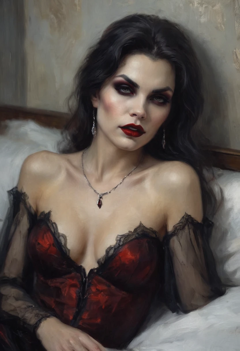 A vampiress seductress is caressing her body, close up on her hands as she caresses herself, foggy bedroom, lying on bed
