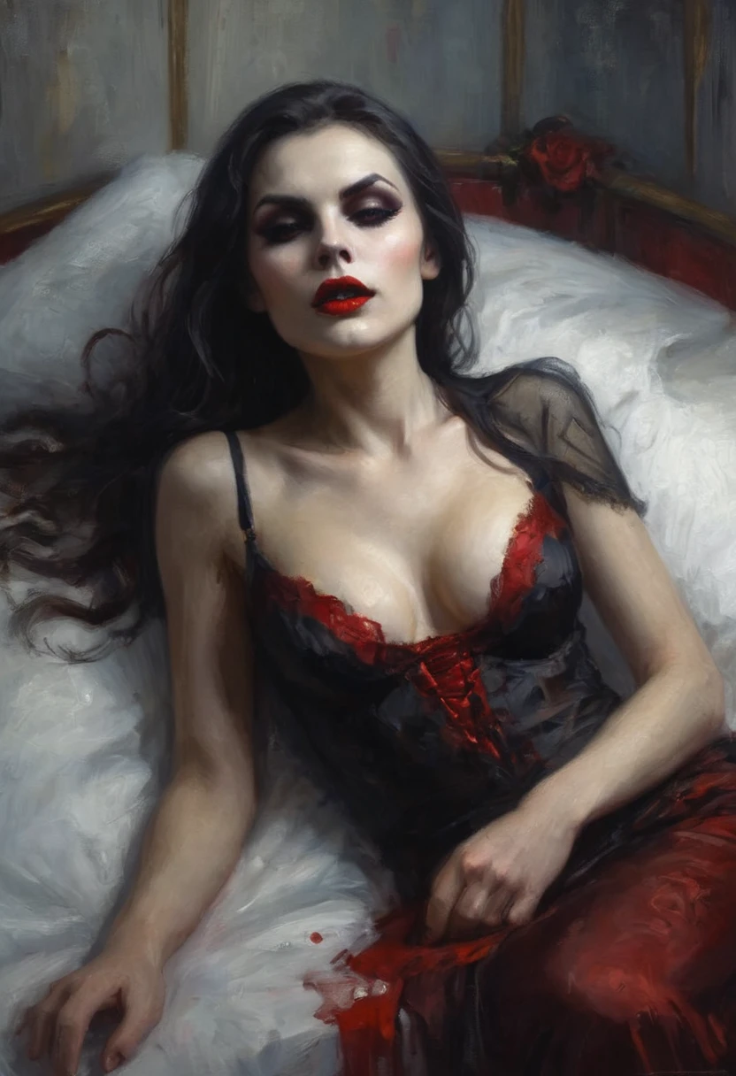 A vampiress seductress is caressing her body, close up on her hands as she caresses herself, foggy bedroom, lying on bed