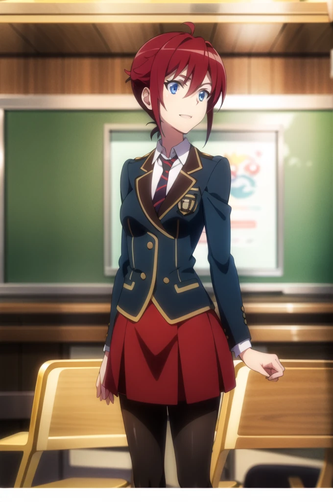 Highest quality, masterpiece, Very detailed,
Aoi Sakurai RW,
Open your mouth, A light smile,
blue eyes, Redhead, short hair, ミディアムshort hair,Boyish Hairstyles, school uniform, blazer, tie, Red Skirt, pantyhose,
Are standing, Looking at the audience,
classroom