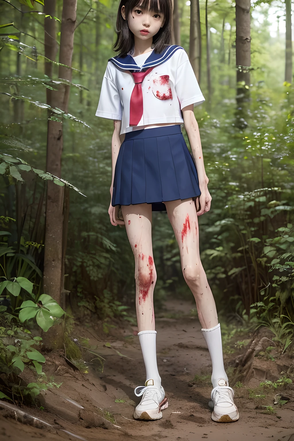 (8K、RAW Photos、highest quality、masterpiece:1.2), (Realistic、Photorealistic:1.2), (High resolution skin:1.1), Beautiful young girl,japanese, 13 years old,small breasts,(Slender girl:1.4),(Thin legs:1.4),dark blue mini skirt,sailor suit, (White high socks), Short sleeve,sneakers, whole body,forest,standing,(muddy),(wounds,bloody legs:1.3)