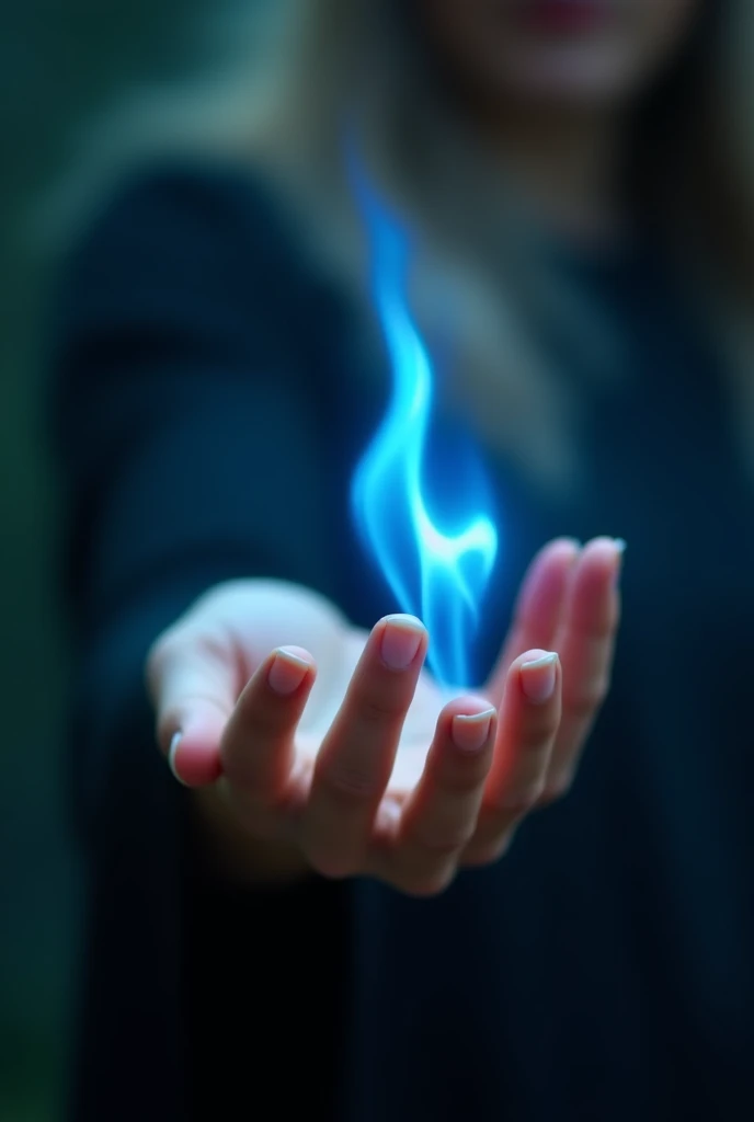 Highest quality、masterpiece、wallpaper、Ultra-high resolution、Very dense、Very detailed、Very delicate、BREAK、Close-up of Hands、(((５Finger:1.5)))、A flame floats from the palm、A faint blue flame、The slender hand of a magician、Alluring fingertips、Beautiful female fingers、