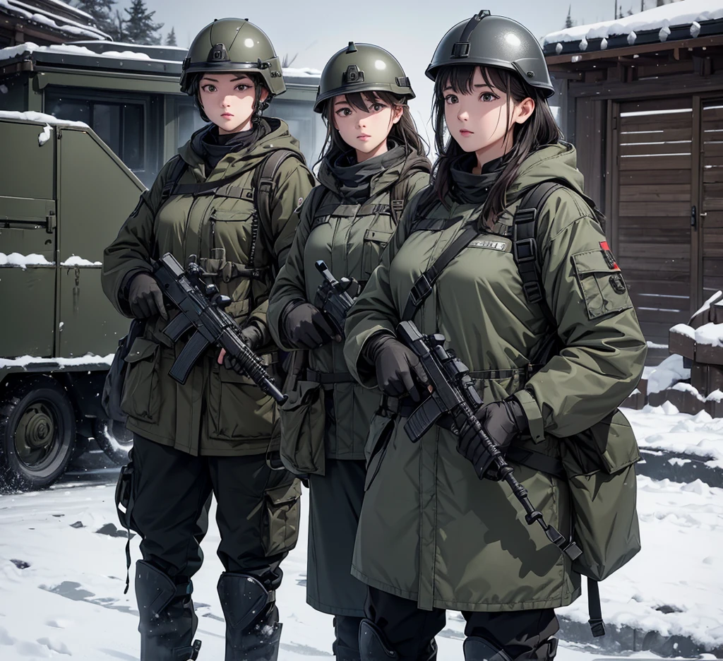 A group of female soldiers wearing dark gray thick coats、Wear a steel helmet、Magazine Pouch、Tactical Shoulder Strap、Standing guard with gun、A snowy military camp、masterpiece、best quality、Highly detailed CG、8K picture quality