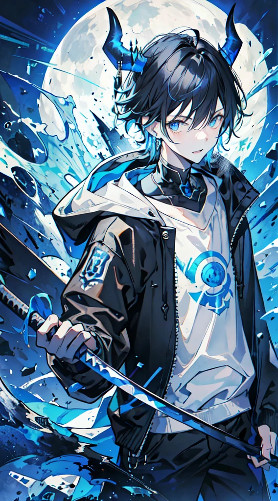 1 person, best quality, masterpiece, 1 teen boy, scruffy black hair, bangs, Blue eyes, long earrings, black hoodie, blue demon horns,  blue katana, at the back, moon, dark night, looking at viewer, upper body.
