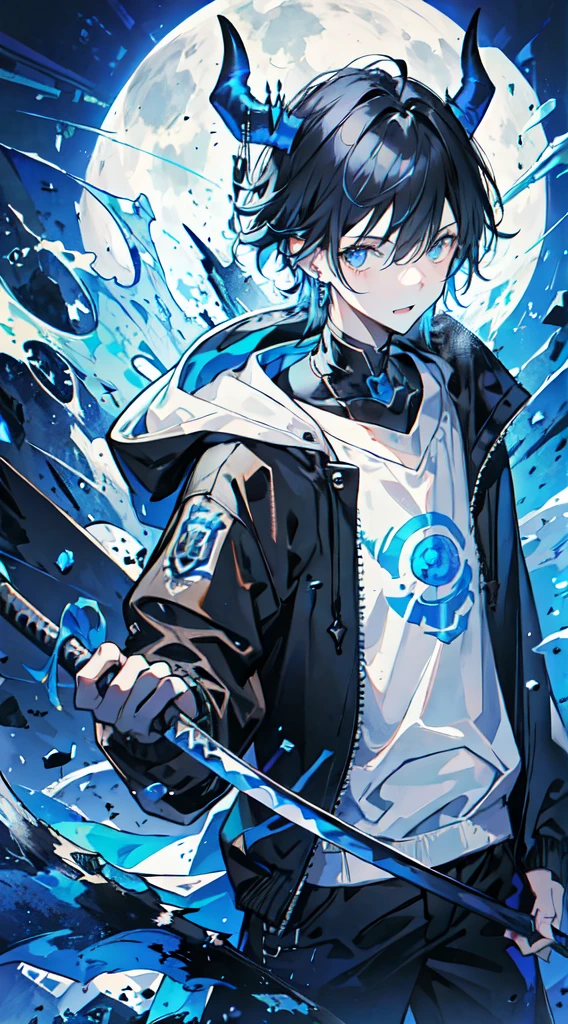 1 person, best quality, masterpiece, 1 teen boy, scruffy black hair, bangs, Blue eyes, long earrings, black hoodie, blue demon horns, blue katana, at the back, moon, dark night, looking at viewer, upper body.