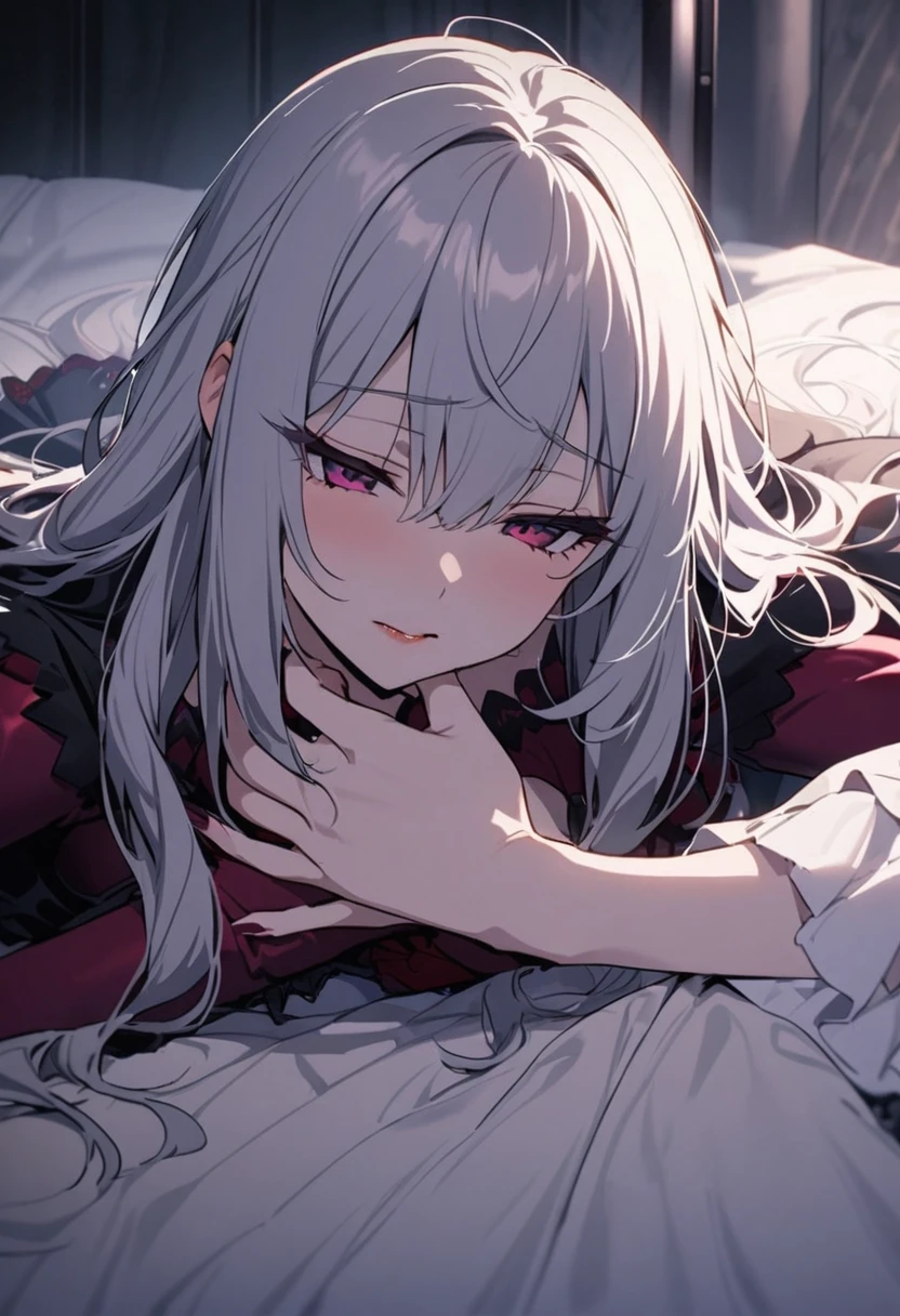 A vampiress seductress is caressing her body, close up on her hands as she caresses herself, foggy bedroom, lying on bed