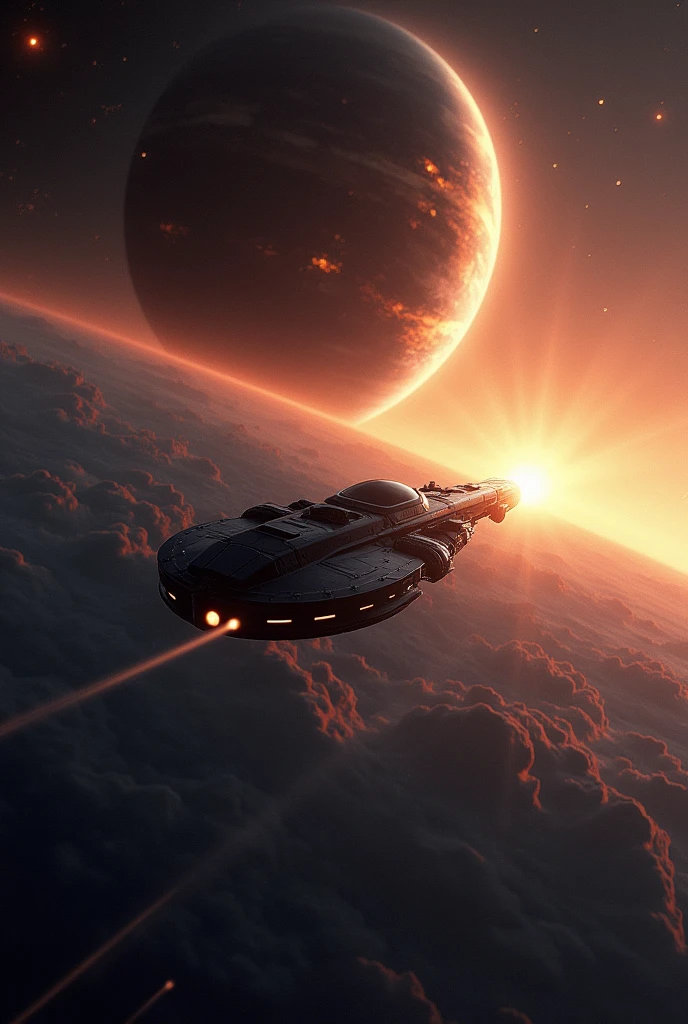 The spaceship is speeding through the planet's atmosphere., but the big shadow still follows at incredible speed.