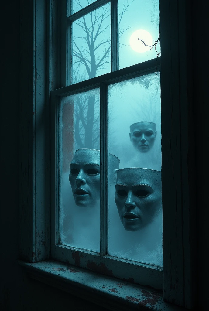(best qualityer,4K,8k,high resolution,work of art:1.2),ultra detaild,sharp focus,(Realist,fotorRealista,foto-Realista:1.37),Window from inside, Outside there is fog, You can see some terrifying masks,extremely fine details,details Intricate, intense lighting,dramatic lighting,changing the lighting,cinematic lighting,chiaroscuro lighting,dramatic shadows,Dramatic moments,bright coloured,intense colors,deep contrast,Cinematic depth of field,film composition,Cinematic Camera Angle