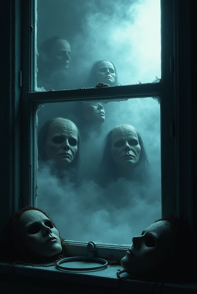 (best qualityer,4K,8k,high resolution,work of art:1.2),ultra detaild,sharp focus,(Realist,fotorRealista,foto-Realista:1.37),Window from inside, Outside there is fog, You can see some terrifying masks,extremely fine details,details Intricate, intense lighting,dramatic lighting,changing the lighting,cinematic lighting,chiaroscuro lighting,dramatic shadows,Dramatic moments,bright coloured,intense colors,deep contrast,Cinematic depth of field,film composition,Cinematic Camera Angle