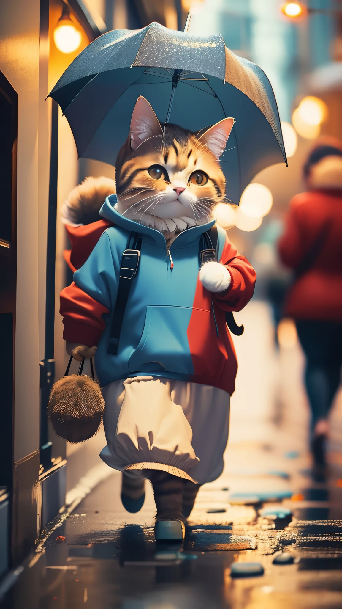 Fluffy brown cat, Very detailed cat and fur, Wearing a blue and red hoodie,Walking around the city with an umbrella in hand, Highly detailed images, Kodak 400, Atmospheric light, 50mm lens