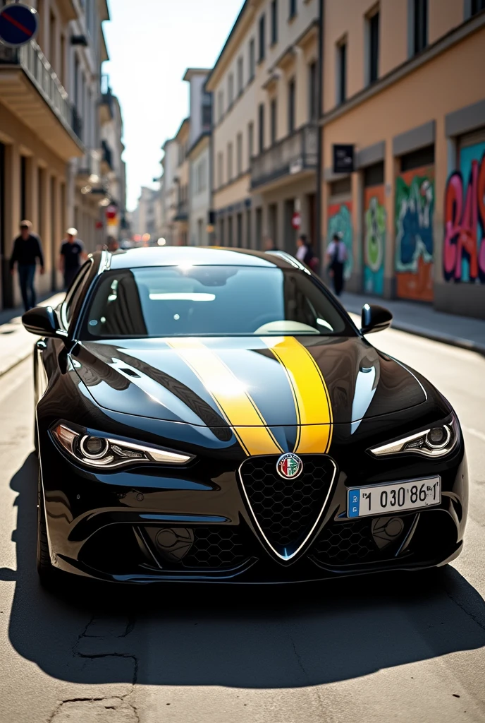 black hiper Alfa Romeo
with two yellow stripes on his hood