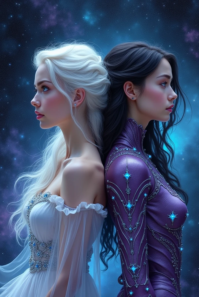 A book cover with a dramatic background in shades of black, blue and purple with various galaxies diffused in a nebula giving an air of mystery. In the front of the background is a white woman, incredibly pale, with white hair and blue eyes. She is wearing a delicate white dress with blue diamonds. She's lying on her back showing only her profile and also turned her back and showing only her profile, Is that your daughter, a pale woman with blue eyes but with black hair and wearing a black purplish celestial armor.