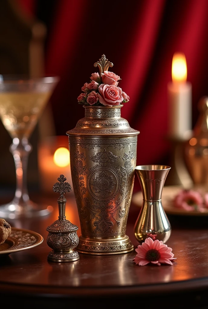Make me a bar spoon, an ounce, a cocktail shaker, Victorian style dispensers from flower knows and that is flirtatious