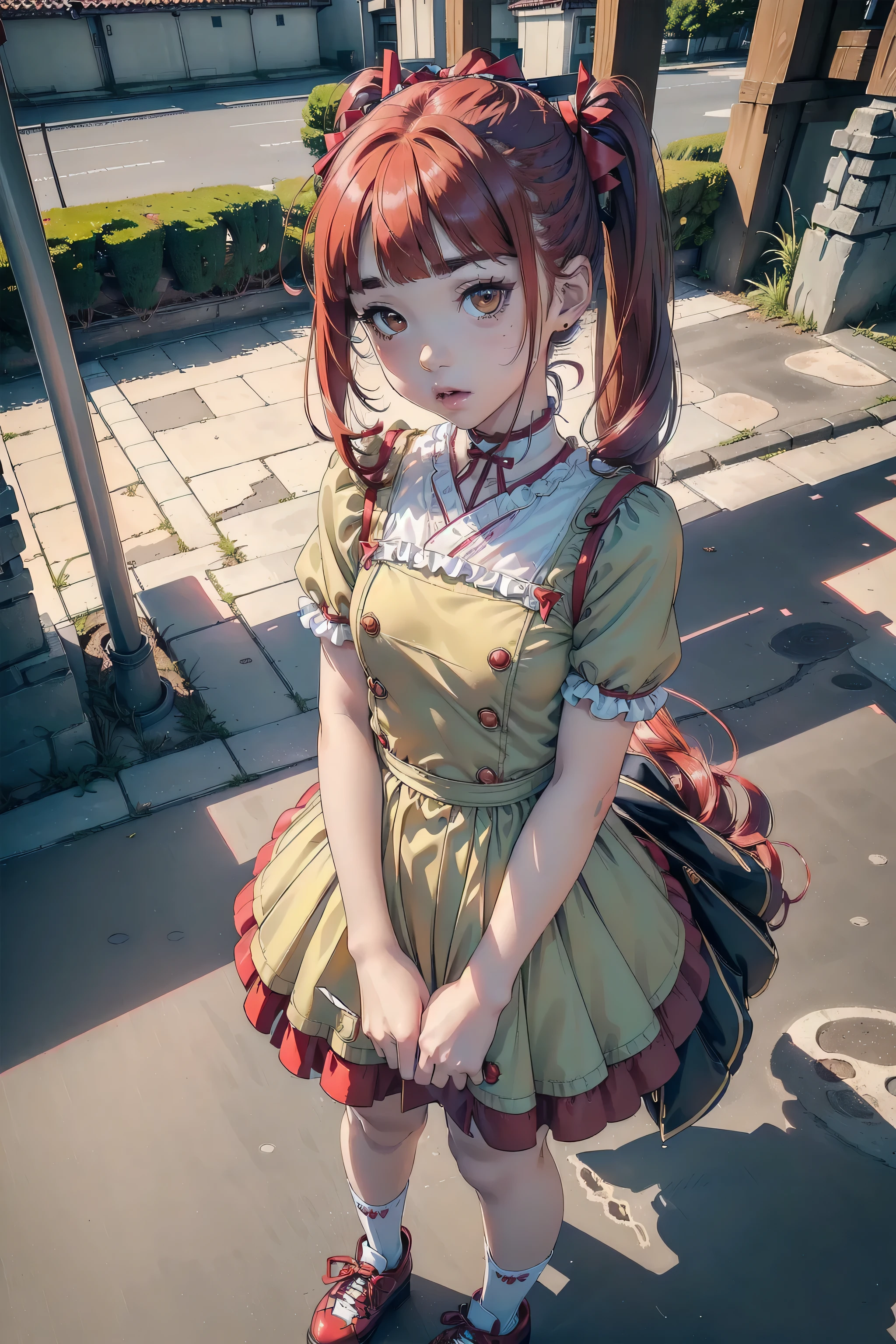 ((top quality, ultra-detailed, high resolution, extremely detailed CG, unity 8k wallpaper, by famous artist, perfect anatomy, super detailed skin, cinematic lighting, UHD, retina, anatomically correct, 1080P)), (Please draw a single one girl walking in the Japanese suburbs:1.3), ((1girl)), (Solo, face,13-year-old:2.0), a junior high school student, ((cute petit girl, chibi, babyface)) androgynous charm, Medium hair, ((full red hair)) ((redhead)), straight hair, pigtails, straight bangs, with a bow in her hair, ((very thin legs)), ((skinny legs, thin body, small build)), Full limbs, complete fingers, ((perfect fingers and hands)), flat chest, small breasts, childish body, small butt, groin, Beautiful detailed full yellow gold eyes, perfect eyes, ((A cute, pastel-colored ulzzang dress with a frilly hem and a bow at the waist, paired with knee-high socks and platform shoes)) (Detailed Lighting), ((Japanese suburbs)), (Detailed scenary background), full body view, Cute, kawaii single girl (one girl), full body shot, ((little young 13 years old body:1.3)), ((long skirt)), ((shoes)), ((red hair girl:1.3)), ((A natural, correctly proportioned hands)), ((straight bangs cut just to the eyebrows, perfectly aligned and not moving to the side:1.3))