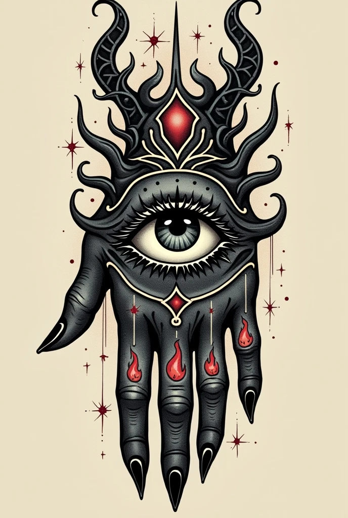Create a design for a hand tattoo, that it be an eye and a devilish design surrounding it