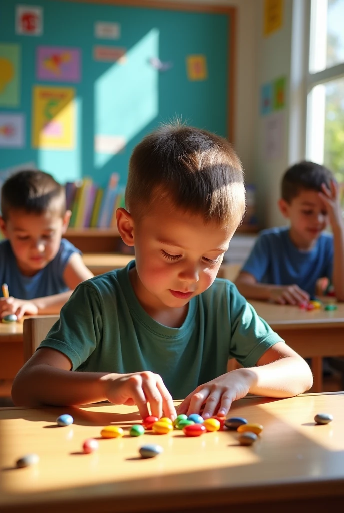 10-year-old boy in the classroom decomposing prime numbers with beans