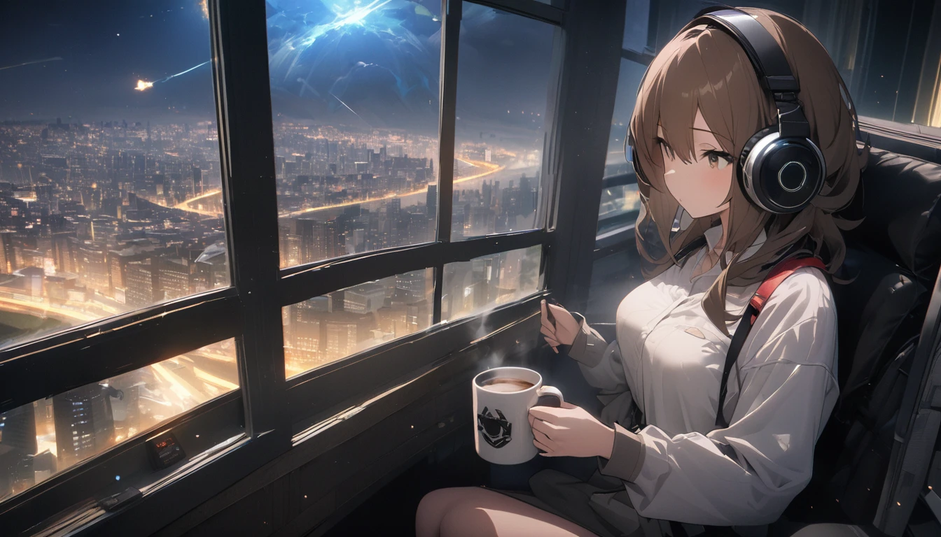 Ultra-high resolution, 8k, (masterpiece, mysterious:1.2), Works by Makoto Shinkaisei, Lo-fi feeling, Perfect human body engineering, 1 female, mysteriousな瞳, Her charm is her beautiful eyes, Shiny brown hair, Listening to music through headphones, Looking out the window, Room with musical instruments, city view from the window, impressive cityscape, Night Sky, meteor, Wide-angle, Coffee in a mug,