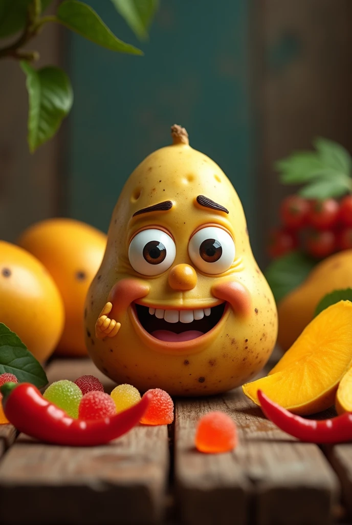 A cute animated potatoe that is very crazy, sitting on a table waiting to be cooked, surrounded by mangoes, gummies, and chillies