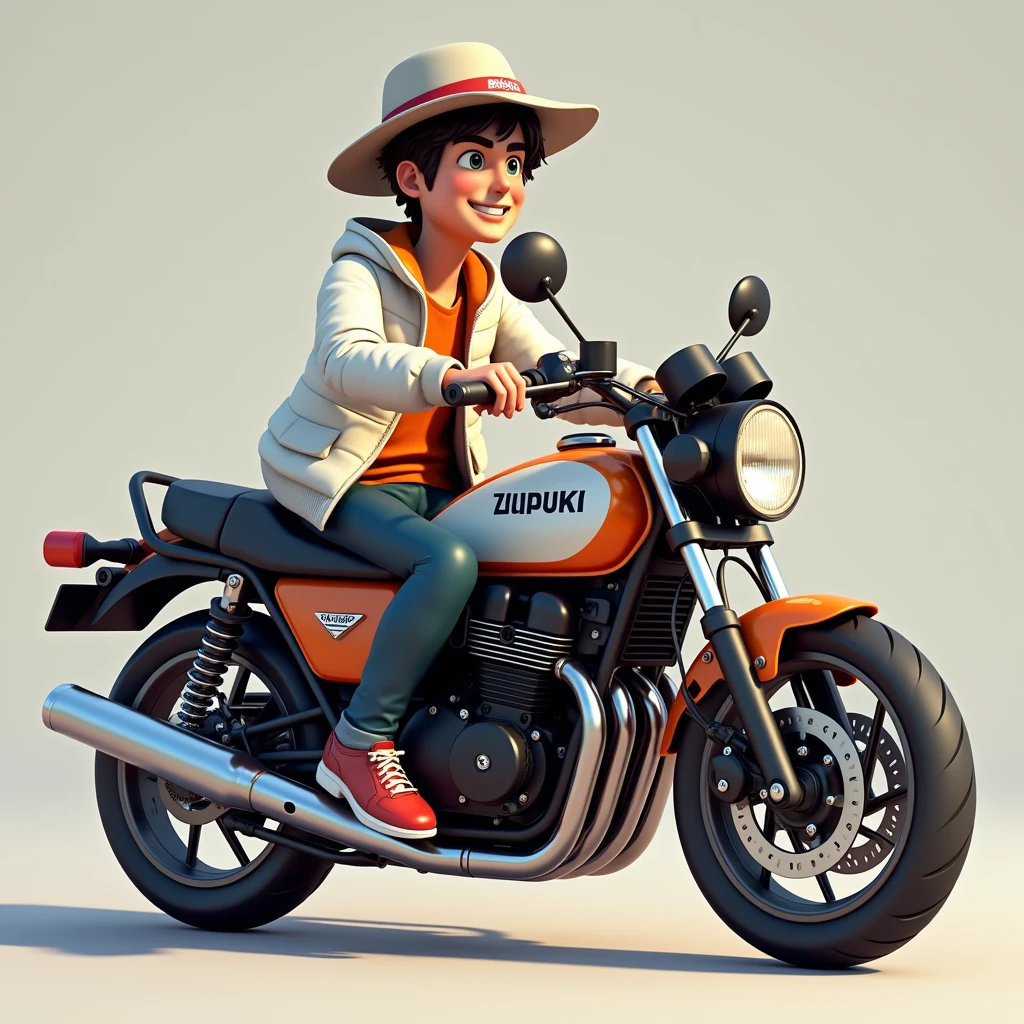 Create a 3D image of Leon with the word HALA MADRID wearing a white jacket and a hat sitting on a Zuzuki motorcycle laughing