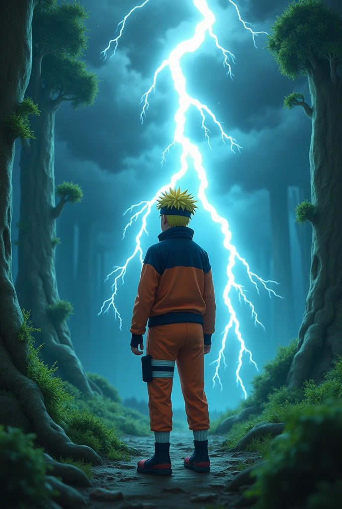 Ultra realistic, high quality, 300dpi , 300density , naruto Uzumaki, lightning thunder,8k, ultra quality, background-thunder, crystal, forest, clear face