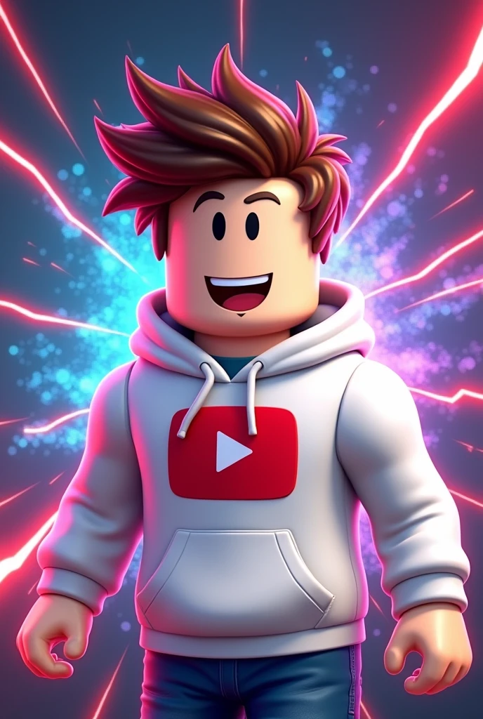 Create a logo for YouTube gfx, of a Roblox boy with a white YouTube hoodie smiling and brown hair with a background of flashes behind him