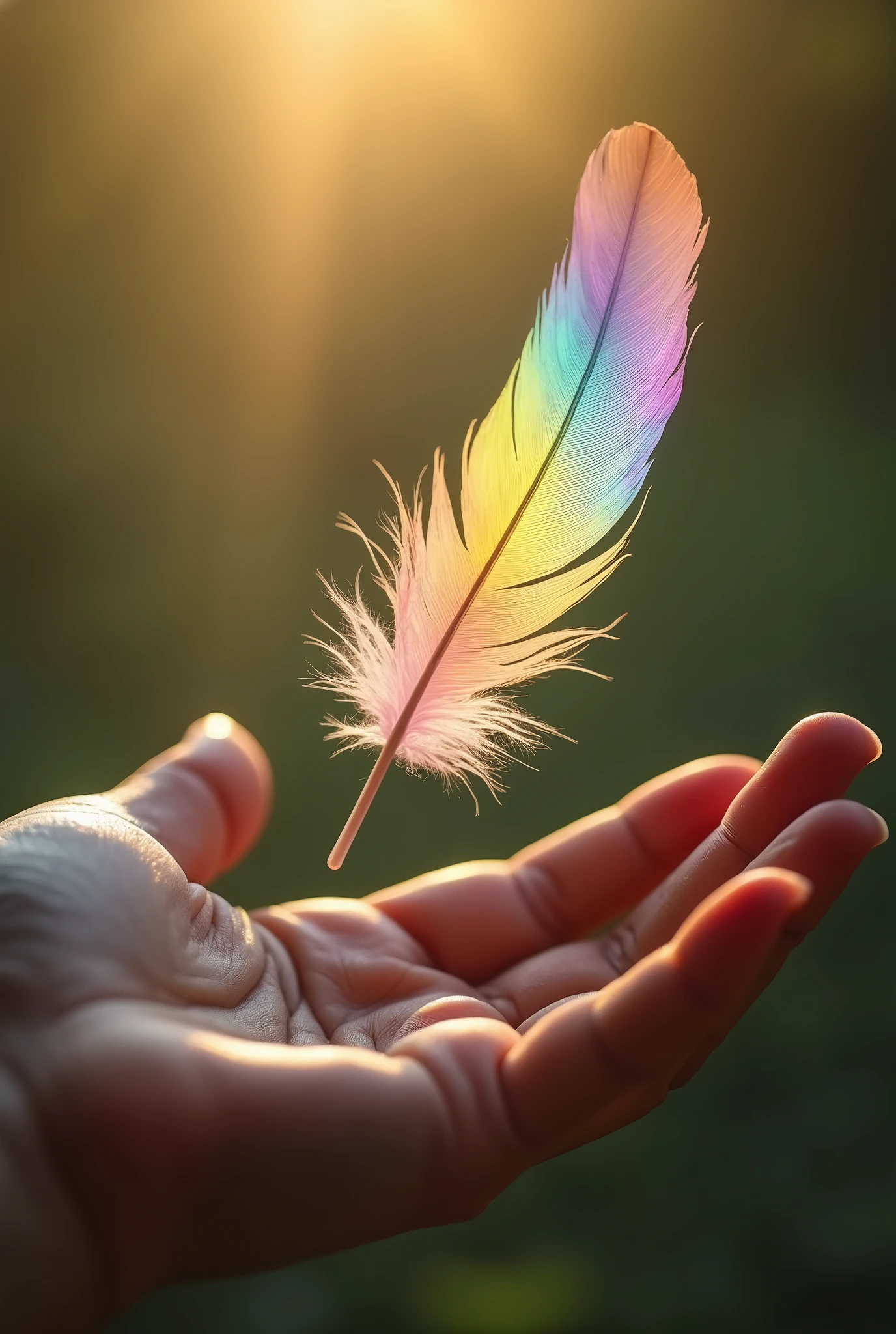 hand、handのひらに一枚の天使の羽根が下りる瞬間、Close-up,Rainbow-colored feathers