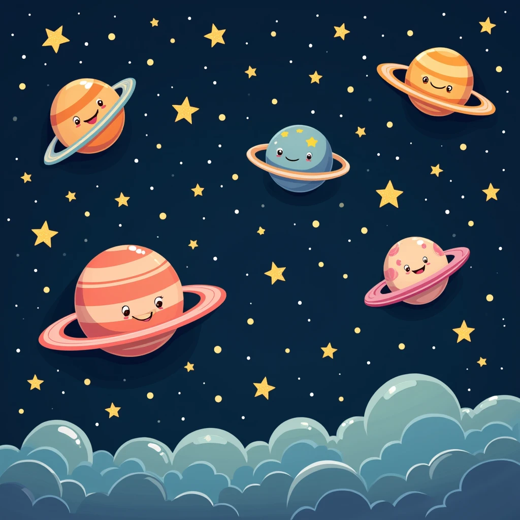 generate a space with stars in a cartoon style with some planets that seem to be very long, in the simplest cardboard style
