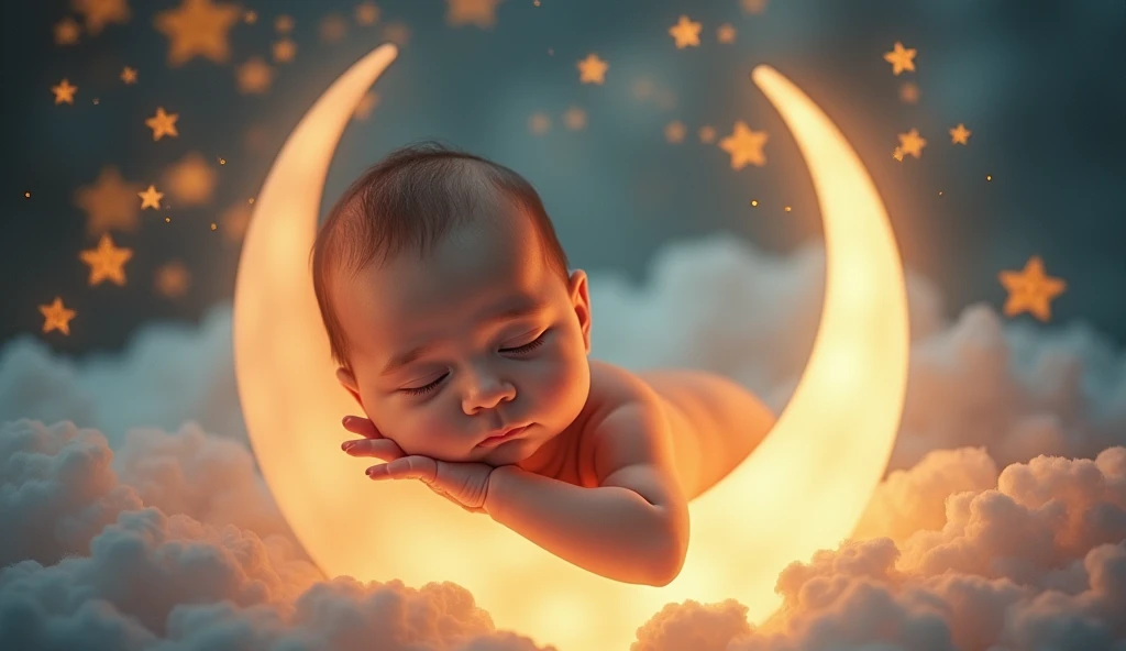 a baby listening to lullaby, sitting on crescent moon in fairy-tale space, many stars around, eyes closed, (best quality,4k,8k,highres,masterpiece:1.2),ultra-detailed,(realistic,photorealistic,photo-realistic:1.37),detailed eyes, detailed lips, extremely detailed face, long eyelashes, soft lighting, pastel colors, dreamlike, whimsical, magical, serene