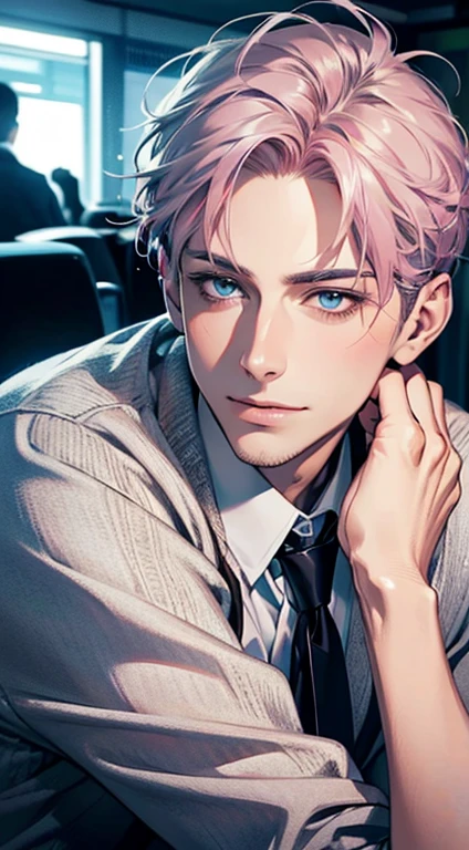(Highest quality,4K,8K,High resolution,masterpiece:1.2),Super detailed,(Realistic,photoRealistic,photo-Realistic:1.37),1 person,31 years old,Mature Men,Beautiful skin、very handsome,Expressionless,smile,Short gray pink hair,blue eyes,Sharp Eyes,A perfect face without a doubt,Businessman,Office Background,Cinema Lighting,HDR image,tie、