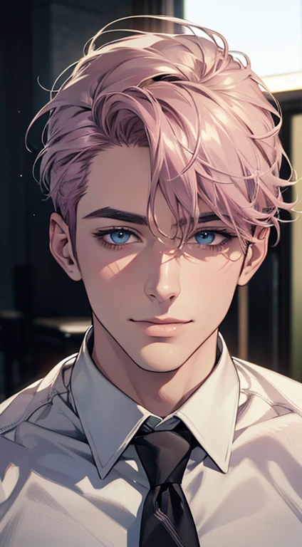 (Highest quality,4K,8K,High resolution,masterpiece:1.2),Super detailed,(Realistic,photoRealistic,photo-Realistic:1.37),1 person,31 years old,Mature Men,Beautiful skin、very handsome,Expressionless,smile,Short gray pink hair,blue eyes,Sharp Eyes,A perfect face without a doubt,Businessman,Office Background,Cinema Lighting,HDR image,tie、
