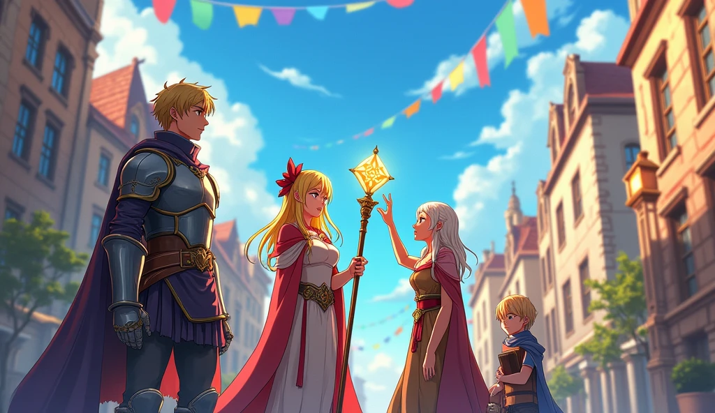 Anime illustration、 Realistic, oil、Asahi、Departure Day、A group of brave men、A party of four: a hero, a female magician, a healer, and a young sage.、Departure from the capital、Bright sunlight、excited、looks fun、Looking forward to the adventures ahead、fanfare、Anime style illustrations、Medieval Europe、2D Anime Style、Ghibli style、Japanese anime style、SAO style illustration