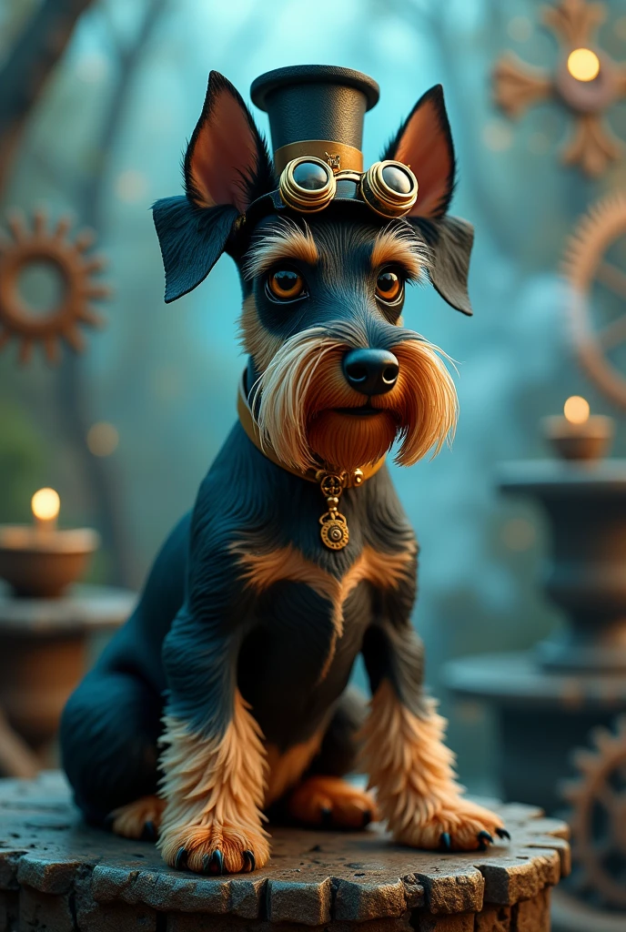 3d image of a steampunk a Schnauzer dog, in the style of bella kotak, gold and cyan, photorealistic detail, dark fairy tales, detailed miniatures, artgerm, uhd image