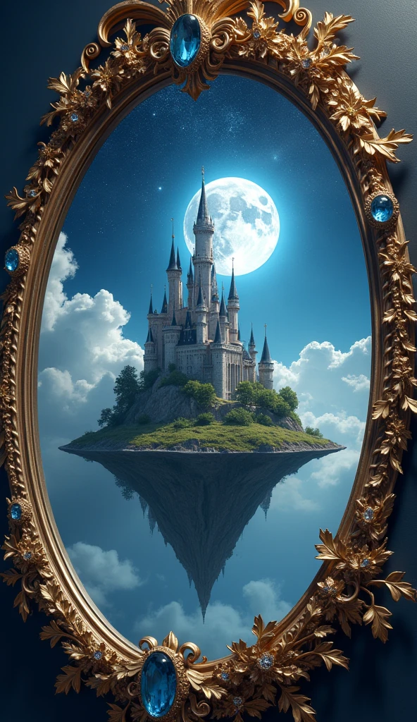 Fairytale Castle in a Mirror:
A small, ornate mirror reflects an enchanting fairytale castle perched atop a floating island, surrounded by fluffy, glowing clouds. The castle’s spires reach towards a starry sky, and a silver moon casts a magical light over the entire scene. The mirror’s frame is richly detailed with golden vines and gemstones, adding to the fantastical atmosphere. [HDR photography, ultra HD 8k resolution, super detailed, vibrant, cinematic, photo].