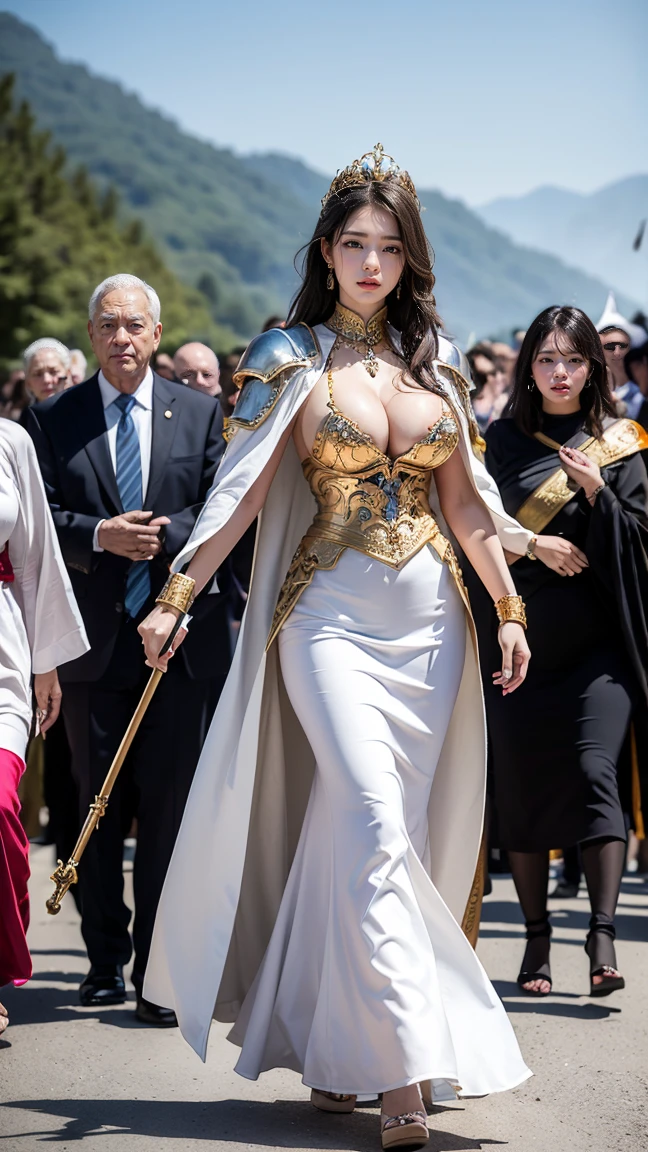Female King of the Southern Hill Leading a Procession: The Female King of the Southern Hill leads a procession of warriors and followers down the winding paths of her mountainous kingdom. Her armor is ornately decorated, with a long cloak flowing behind her. She carries a staff topped with a glowing crystal that symbolizes her authority, and her presence commands the respect of all who follow her. (having beautiful breasts: 1.33), (having clothes: 1.77).