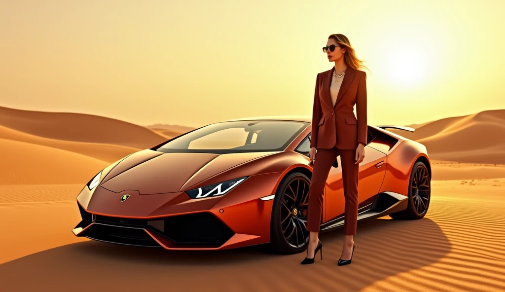 Create a fashion poster featuring a woman wearing a blazer, standing next to a luxury Lamborghini in a desert setting. The image should capture the essence of high-end fashion, similar to the style of famous brands like Zara, Chanel, and Gucci. The poster should exude sophistication and elegance, with the blazer as the focal point. The desert backdrop and the Lamborghini should add a sense of adventure and luxury, complementing the overall aesthetic. The brand name 'N'Lin' should be tastefully incorporated into the design, reinforcing the brand's identity in a sleek and modern font.