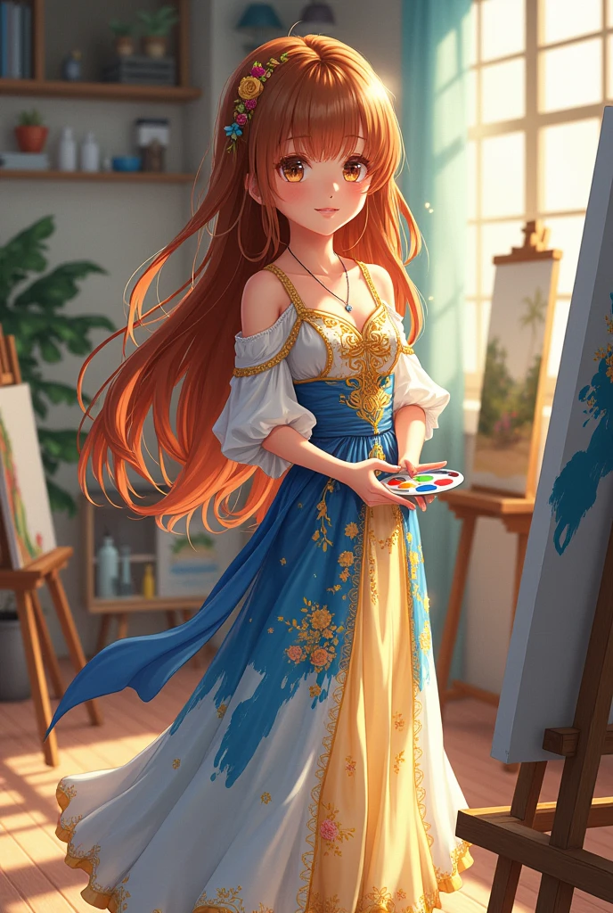 in anime style a girl who likes to paint, wearing a realistic full body dress