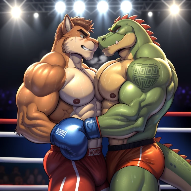 Duo male(Green Gator vs Brown Wolf), handsomes(handsome hairstyle, Thick eyebrows, detailed face), gay(cuddling, body with body, wrestling at each other, face to face, on a boxing match), hot(Shirtless), handsomes(They are handsomes, correct anatomy), musculosos(Big muscle bodies, Six packs, muscle abs, big pecs), sweaty(very sweaty wet bodies, shiny sweat), tatuajes(they have tattoos), grumpy(Both have an grumpy expression, grumpy teeths, steaming breath), boxing gloves(They both are wearing boxing gloves), Hight resolution, by(Zourik:1.1)