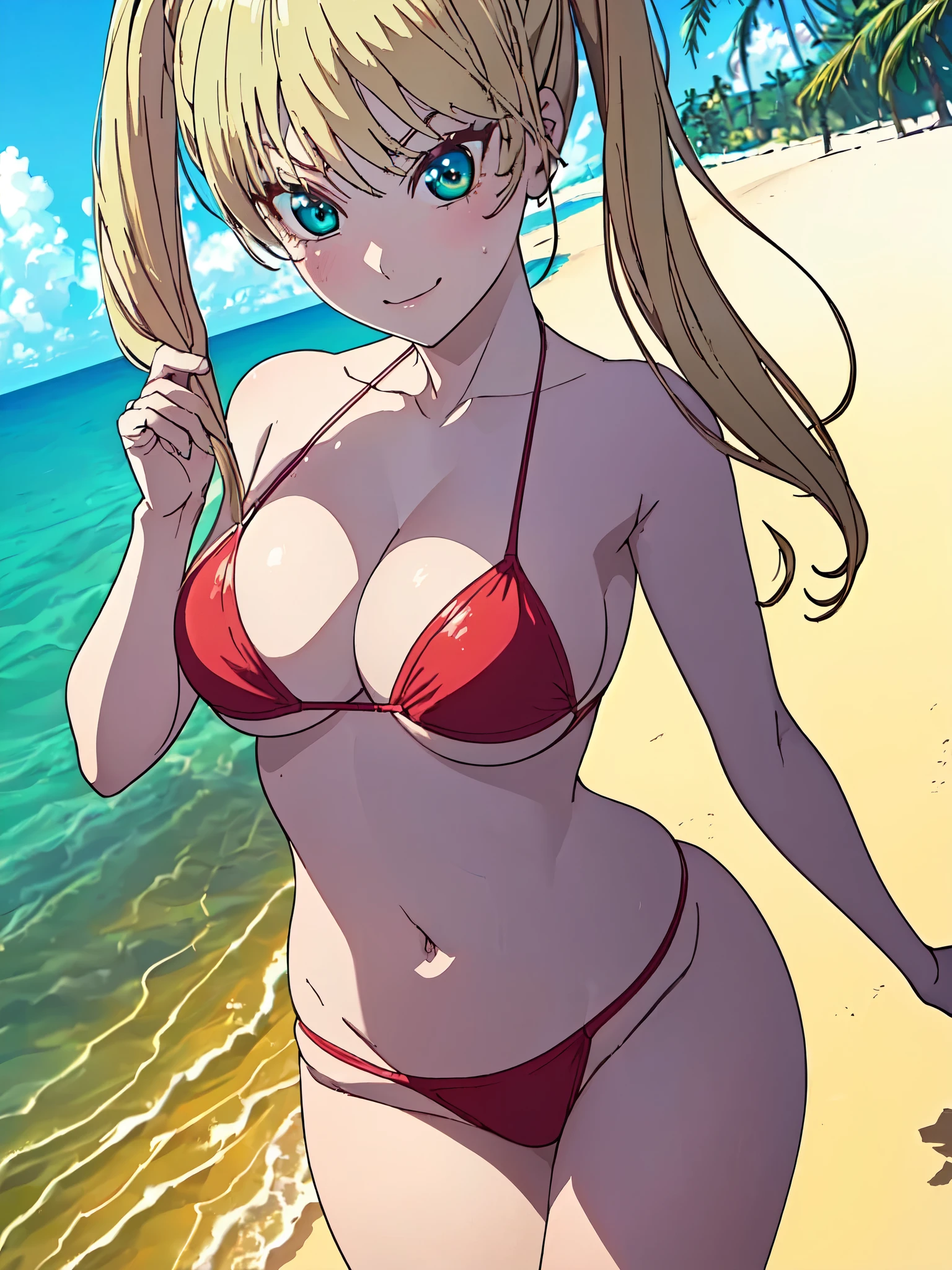 ((((masterpiece、Highest quality、High resolution)、anime)))、White Hair、Beautiful, smooth chest、(Dynamic pose)、looking at the camera、(Beautiful detailed face、Beautiful big eyes)、((One beautiful person))、Good sensitivity、((Sexy pose))、((Embarrassed face))、Red cheeks、Wear a blue bikini、A demure smile、Walking on the sandy beach of a calm early morning coast.