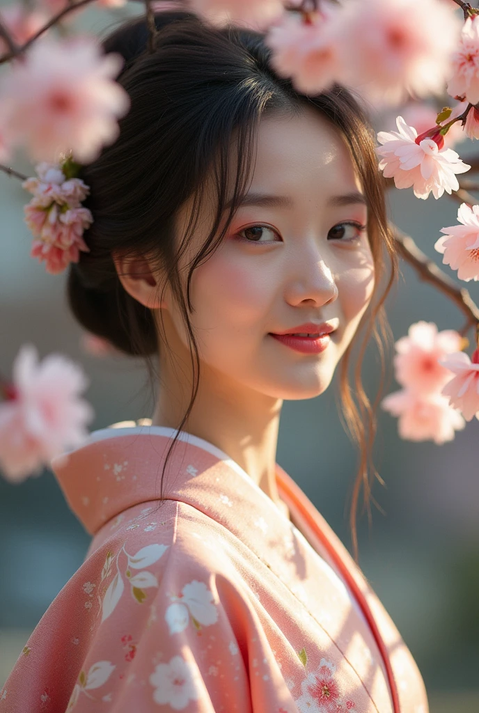 An elegantly dressed Japanese woman in natural light、A close-up of her chest and calm expression.、It shows her inner peace and outer charm.。