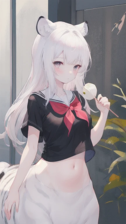 (best quality, masterpiece), 1 girl, centaur, I beg, White skin, Korean schoolgirl,daughter,black pink, exposing the abdomen, belly button t-shirt , 아름다운 소녀 Perfect wild white tiger photo, Perfect wild white tiger photo