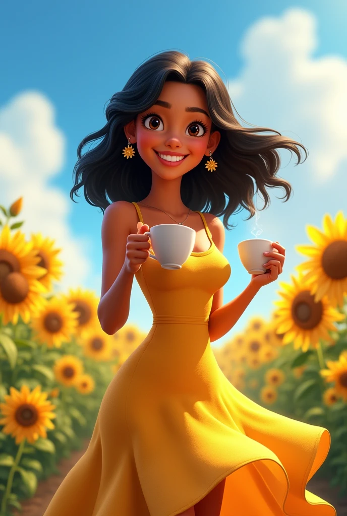 Make me a Disney Pixar style animated version of a 40 year old woman, skin not too light but not as dark as cinnamon skin, black hair not so long but not short either, wavy fur, She is not fat but not skinny either, She is chubby and loves coffee and sunflowers., You can do it with a representative dress and some earrings. 