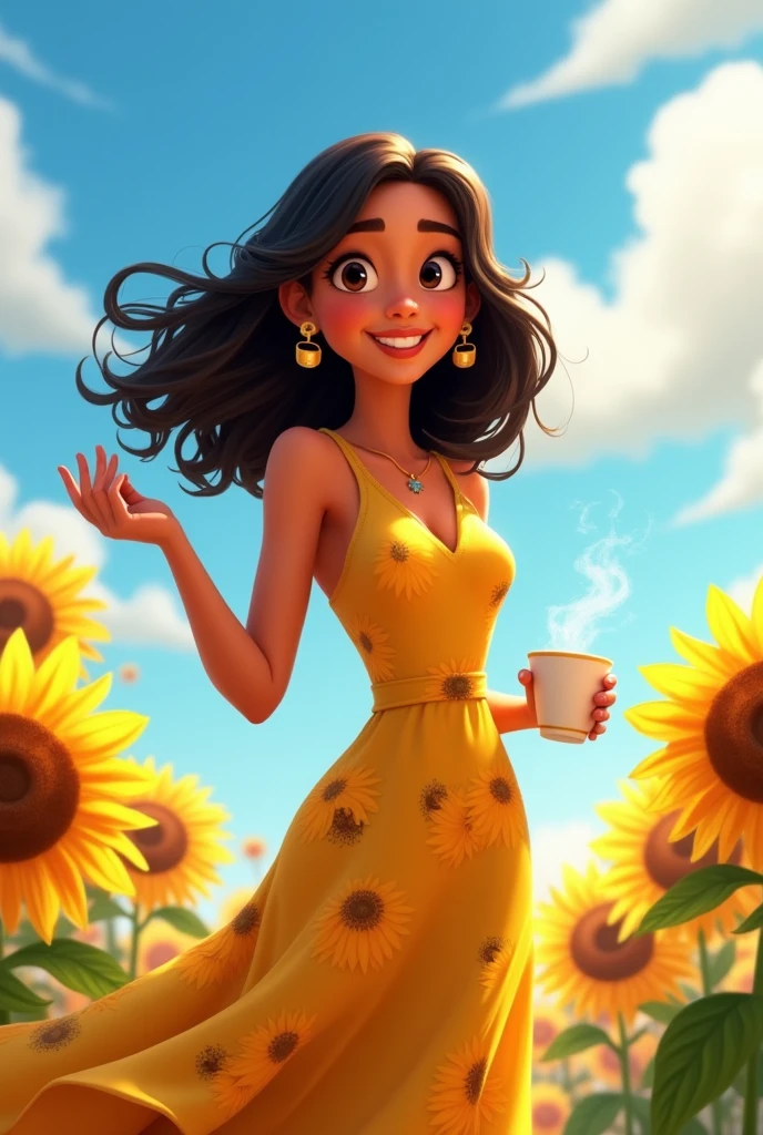 Make me a Disney Pixar style animated version of a 40 year old woman, skin not too light but not as dark as cinnamon skin, black hair not so long but not short either, wavy fur, She is not fat but not skinny either, She is chubby and loves coffee and sunflowers., You can do it with a representative dress and some earrings.