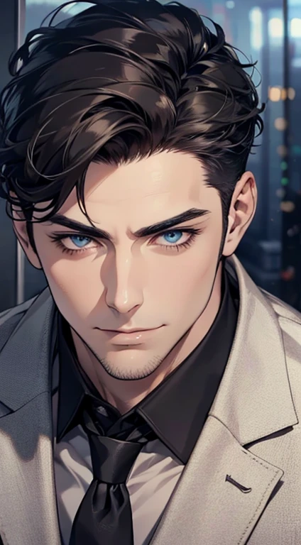(best quality,4k,8k,highres,masterpiece:1.2),ultra-detailed,(realistic,photorealistic,photo-realistic:1.37),1 man,31 years old,mature man,very handsome,without expression,smile,short grey black hair,blue eyes,penetrating gaze,perfect face without errors,imposing posture,businessman,office background,cinematic lighting,hdr image