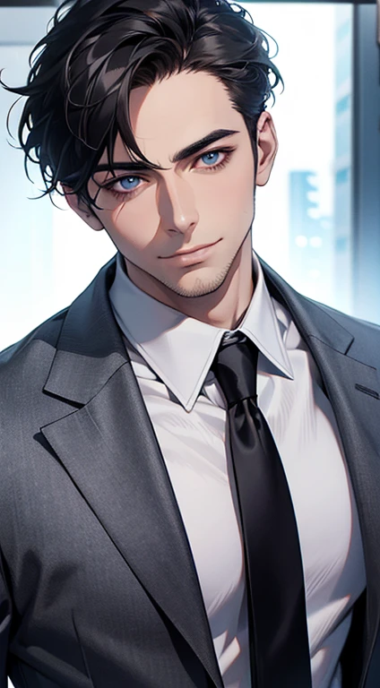 (best quality,4k,8k,highres,masterpiece:1.2),ultra-detailed,(realistic,photorealistic,photo-realistic:1.37),1 man,31 years old,mature man,very handsome,without expression,smile,short grey black hair,blue eyes,penetrating gaze,perfect face without errors,imposing posture,businessman,office background,cinematic lighting,hdr image